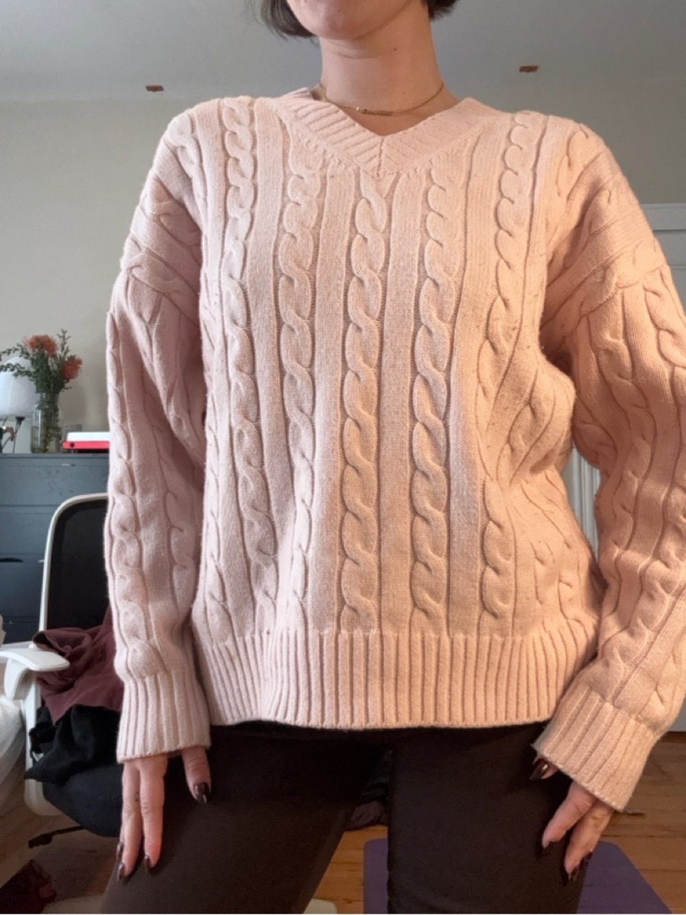 Sunday Best Cable-Knit V-Neck Sweater in Pale Pink